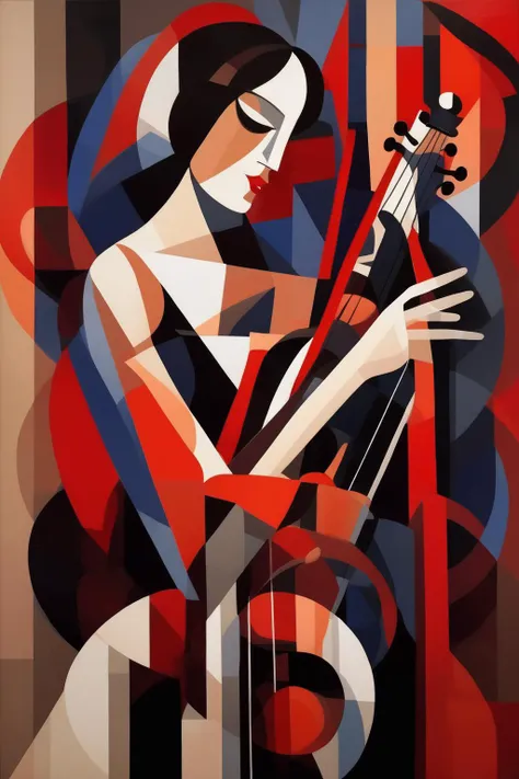 <lora:Natalia Goncharova Style:1>Natalia Goncharova Style - Create an elegant figure painting in the style of abstract constructivism, depicting a woman holding a in asaxphhon romantic gesture. Focus on capturing the essence of the musician's emotions and the deep connection between the player and his instrument. Utilize bold and fluid brushstrokes to represent the figure, emphasizing the grace and poise of his stance. Explore the use of geometric forms and abstracted elements to evoke a sense of movement and rhythm, conveying the energy and passion of the music being played. Infuse the composition with a harmonious color palette, carefully selecting hues that convey both intensity and tranquility. Through this artwork, transport viewers to a world of musical enchantment, where the elegance of the figure and the power of the bass merge in a mesmerizing symphony of art.