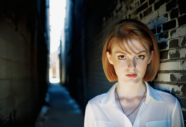 35mm real life photography, realism style <lora:FayeReagan_SDXL_v1.0:1>
(freckled:0.1) petite ginger ((realism fayereagan woman)),
Ultra-high definition jpg photo (panoramic), headshot on a Nikon D6, reminiscent of the classic Americana of Diane Arbus, exceptional color accuracy, crisp details, pale Caucasian female model with short, straight hair, wearing a simple white blouse, with an emphasis on her delicate collarbones, standing in a dark alley, leading lines of the alley, intricate textures, high resolution, high ISO, slow shutter speed, balanced composition, cool tones, jpg compression artifacts, portrait photography, post-processing by "Mario Testino Studio" with added saturation and contrast, film grain, and noise reduction to enhance the moody atmosphere, and a focus on the model's facial features, including her eyes, which are the only vibrant element in the image.
themes of innocence, intimacy, fragility, sensuality, frailty, nostalgia