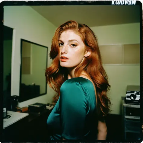 A ginger lady, divine and elegant, with a sexy and disheveled hairdo and a drunken expression. Emily, slurring her words, passed out and collapsed on vinyl decks