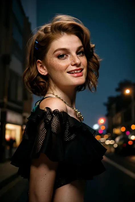 <lora:FayeReagan_1.0-000001:1> FayeReagan
in a (dynamic pose:1.2)
(female in city night life theme),Beauty photo, facing viewer,
with (
Ruffled mini skirt Mesh panel top Platform sandals Statement necklace Bubbly & bright
:1.2)
(
choppy layers,
:1.3) hairstyle, (head tilt,:1.2)
detailed hair strand, ear, detailed upper torso, detailed eyes, detailed pupils, detailed iris, detailed nose, detailed lips, ears, detailed sideburns, eye reflection, ray tracing, path tracing,
in style of
Richard Avedon Portrait Large-format camera, high-quality lenses Simple backgrounds,
<lora:epiC35mm:1> epiCPhoto, (plunging neckline:-1) (busy street corner:1.1), street lighting, laughing,