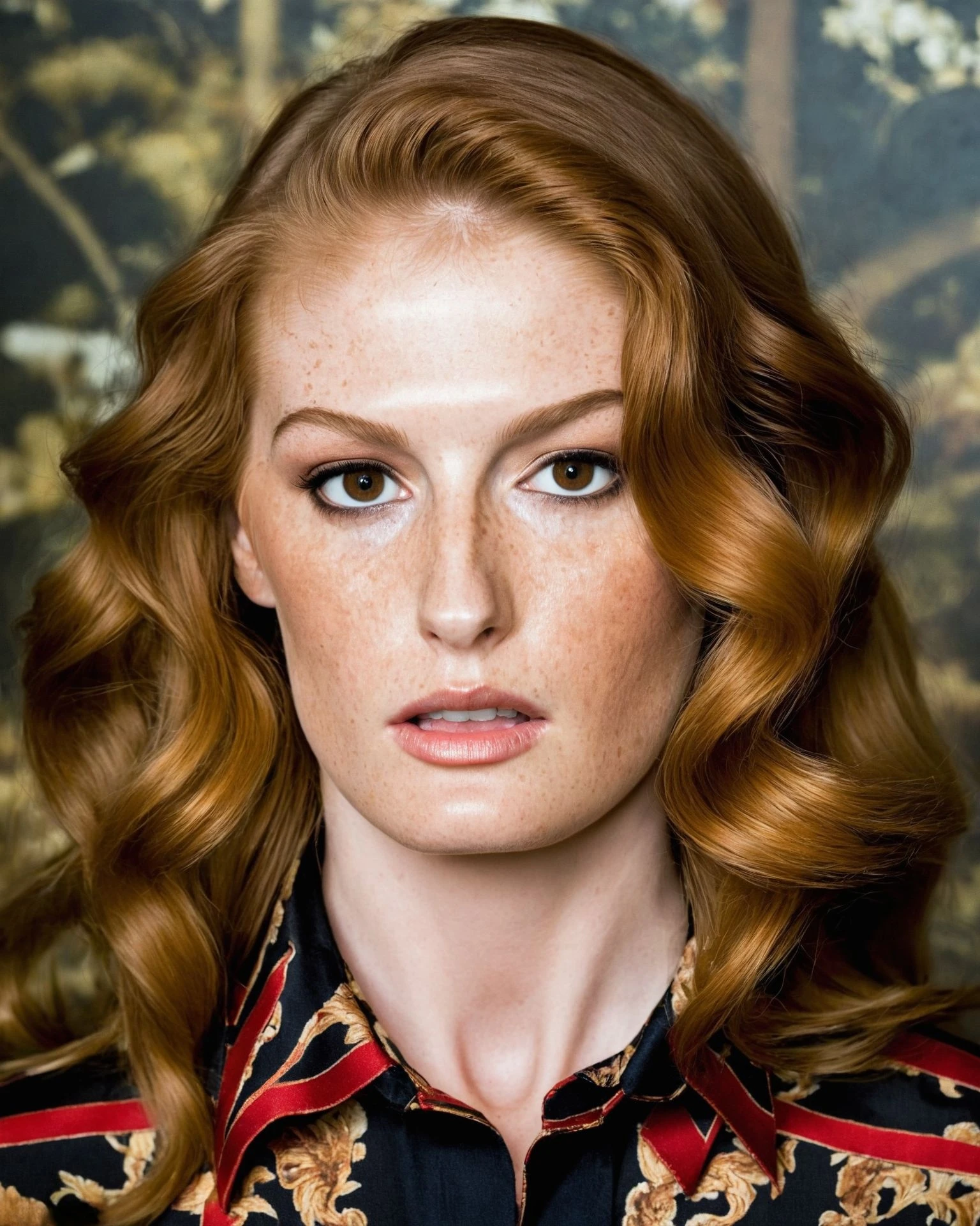 <lora:FayeReagan_SDXL_v1.0-000018:1> professional ((cinematic)) ((close-up headshot)) photography of a beautifully dressed (woman FayeReagan)) in Gucci Brown blouse designer printed fabric, natural red hair, (by Annie Leibovitz, by Mario Testino, by Steven Meisel:1.1), beautiful lighting, contrapposto, sharp focus, Nikon D850 High image quality, 4K resolution, and still photo capabilities Nikon 105mm ISO 800, 1/50s, f/2.8, 14-bit RAW