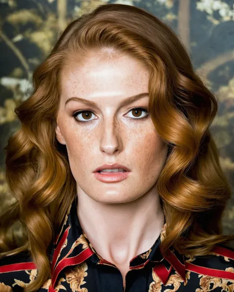 <lora:FayeReagan_SDXL_v1.0-000018:1> professional ((cinematic)) ((close-up headshot)) photography of a beautifully dressed (woman FayeReagan)) in  Gucci Brown  blouse designer printed fabric, natural red hair, (by Annie Leibovitz, by Mario Testino, by Steven Meisel:1.1), beautiful lighting, contrapposto,  sharp focus, Nikon D850      High image quality, 4K resolution, and still photo capabilities Nikon 105mm     ISO 800, 1/50s, f/2.8, 14-bit RAW