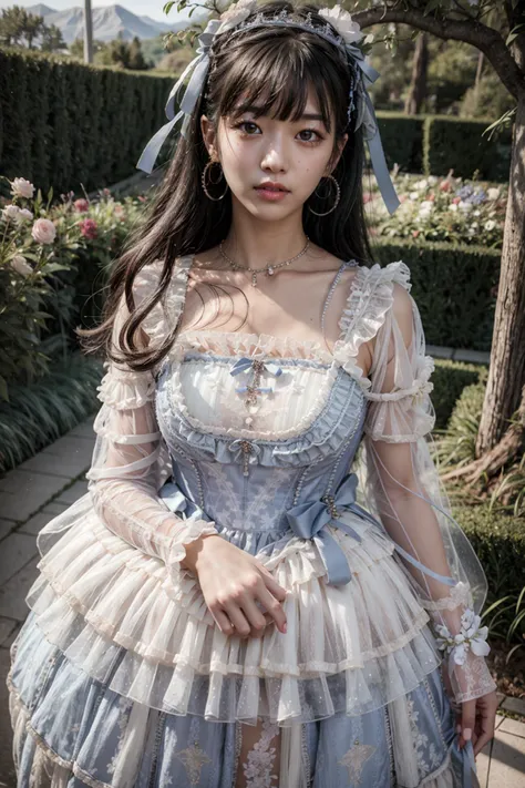 (realistic:1.3), finely detailed, quality, rembrandt lighting, (masterpiece:1.2), (photorealistic:1.2), (best quality), (detailed skin:1.3), (intricate details), dramatic, ray tracing, 1girl, japanese girl, 21 years old, detailed skin texture, (blush:0.5), (goosebumps:0.5), subsurface scattering, smiling, medium breasts, long hair curls, bangs, hair between eyes, headdress, hair ornament, necklace, ribbon, bow, white and blue dress, long dress, lace, frills, long sleeves, wlyg \(manaka nemu\), cowboy shot, (arms at side:1.2), (strolling, bright sunny day, outdoors, garden, flowers, sky), <lora:Dress No.15 V3 wlyg:0.9>