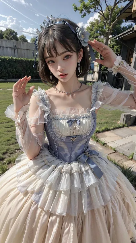 best quality, ultra high res, (photorealistic:1.4), masterpiece, highres, original, extremely detailed wallpaper,
lawn, sky,
1girl, solo, wlyg \(manaka nemu\), wathet dress,
straight-arm salute, <lora:è´é¢neg4all_bdsqlsz:0.8>,