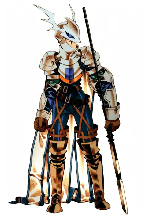 <lora:fftstyle_v1.8:0.8> 1boy, knight, holding spear, gauntlets, pauldrons, breastplate, cape, winged helmet, blonde hair, armor, thigh boots, ((chinese clothes)), sleeve cuffs