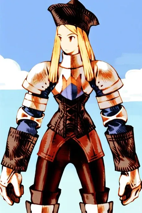 1girl, blonde hair, knight, armor, thigh gap, thick thighs<lora:fftstyle_v1.8_&_v2.2_merge:1> sleeve cuffs, spandex, looking to the side, garter belt, corset, hat