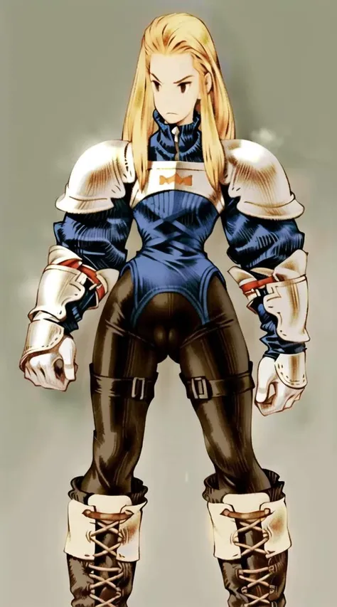 <lora:fftstyle_v1.8:0.8> 1girl, blonde hair, thigh gap, thick thighs, scowl, narrow waist, legs apart, upper body, armor , leotard, (cameltoe), lace-up boots, spandex