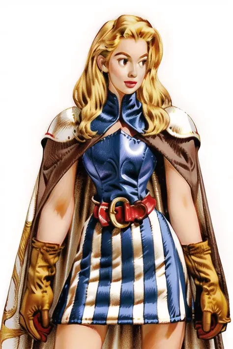 <lora:v1.8_NAI+v2.5_NAI:1> <lora:pinup_girls_v1.0:0.5>1girl, blonde hair, long hair, knight, cape, armor, gold armor, couter, gloves, breastplate, knife holster, loose belt, long dress, dress, striped dress, arms at sides, legs apart, looking to the side, pigeon-toed, white background