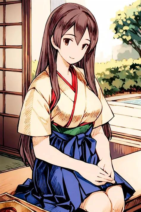 (masterpiece), (best quality), (ultra-detailed), photorealistic, (best illustration), (an extremely delicate and beautiful), 1girl, solo, (akagi:1.22) from kantai collection, brown hair, long hair, brown eyes, hair between eyes, finely detailed eyes, finely detailed iris, white kimono, short sleeves, upper body, wide sleeves, smile, looking at viewer,
BREAK (green hakama), hakama skirt
BREAK perfect hands, detailed hands, best hands <lora:fftstyle_v2.2:0.6:OUTALL>