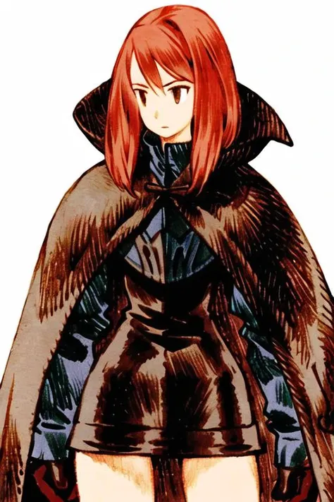 <lora:fftstyle_v1.8_&_v2.2_merge:1> 1girl, cloak, armor, thigh gap, black armor, red hair, cowboy shot
