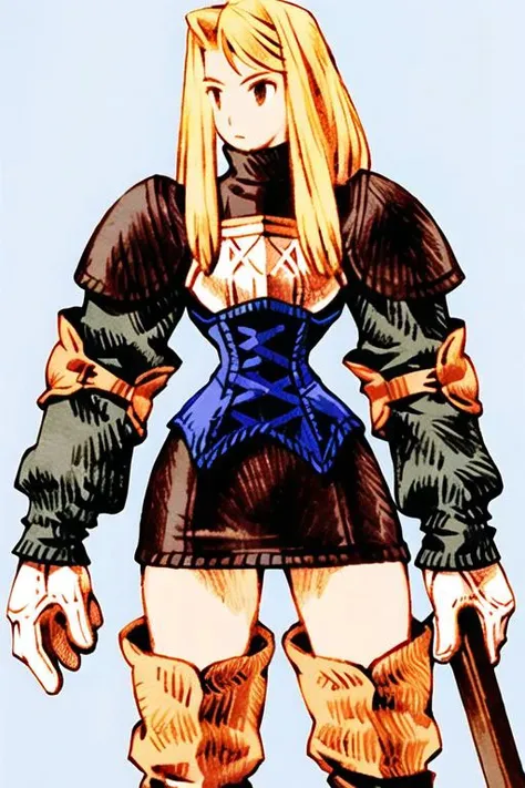 sweater, corset, 1girl, knight, black armor, blonde hair, upper body, thigh boots <lora:fftstyle_v1.8:0.8>
