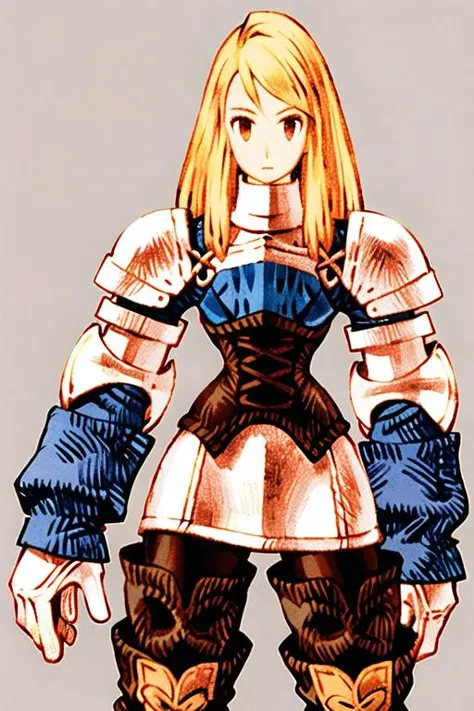 sweater, corset, 1girl, knight, black armor, blonde hair, upper body, thigh boots <lora:fftstyle_v1.8:0.8>