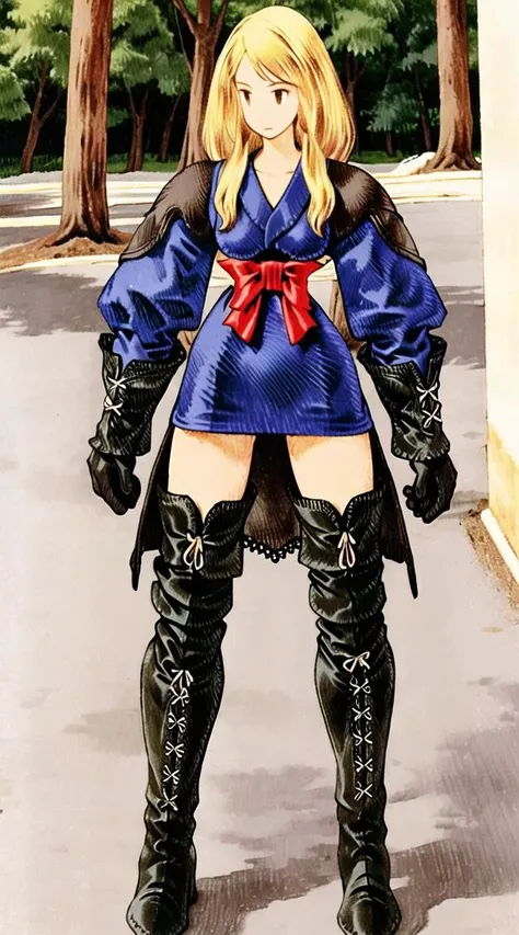 <lora:fftstyle_v2.2:0.8> 1girl, blonde hair, black armor, thigh gap, thigh boots, lace-up boots, sash, traditional clothes, legs apart