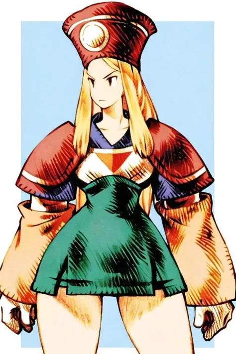 1girl, blonde hair, thigh gap, thick thighs<lora:fftstyle_v1.8_&_v2.2_merge:1> , looking to the side, legs apart, hand on own hip, scowl, shoulder armor, no pants, traditional clothes, hat,