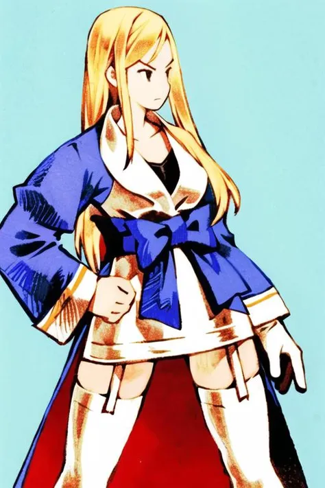 1girl, blonde hair, thigh gap, thick thighs<lora:fftstyle_v1.8_&_v2.2_merge:1> , looking to the side, garter belt, robe, sash, legs apart, hand on own hip, scowl