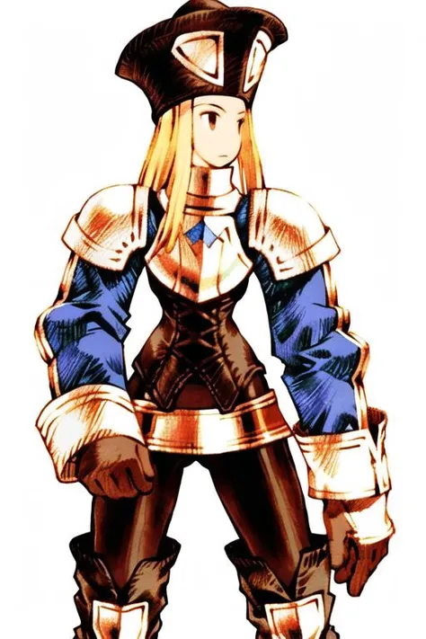 1girl, blonde hair, knight, armor, thigh gap, thick thighs<lora:fftstyle_v1.8_&_v2.2_merge:1> sleeve cuffs, spandex, looking to the side, garter belt, corset, hat
