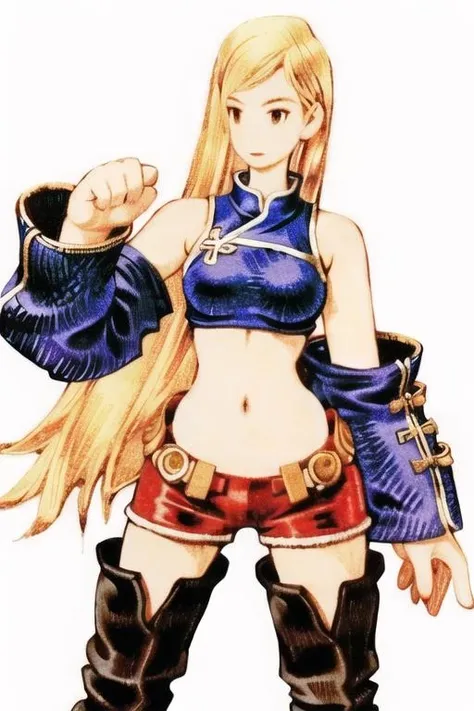 realistic, 1girl, blonde hair, navel, thigh gap, chinese clothes, lipstick, thigh boots, thick thighs, wide hips, legs apart <lora:fftstyle_v1.8_Av2_&_NAI_merged:1>