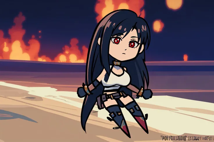 Highly detailed, High Quality, Masterpiece, (TerminalMontage), <lora:TerminalMontage:1>, 1girl, full body, tifa lockhart, red_eyes, black hair, long hair, <lora:Char_FF7Remake_Tifa:0.75>