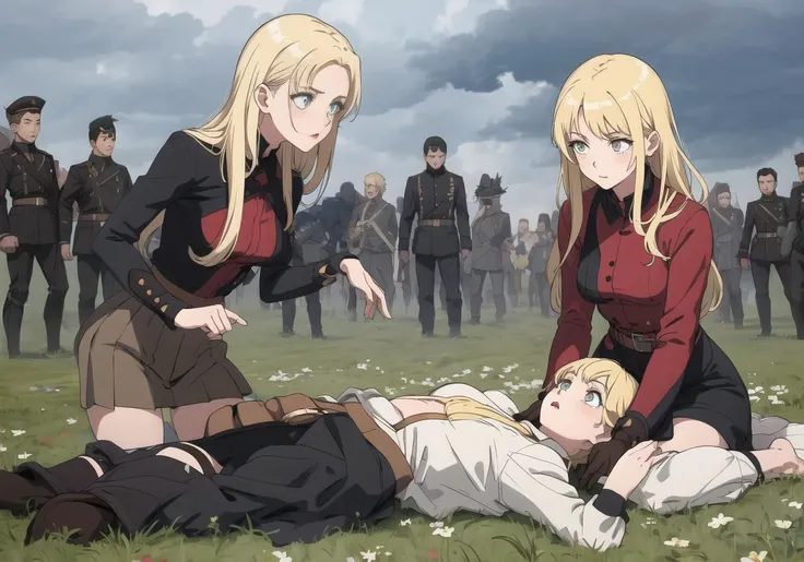 <lyco:war:0.7>,masterpiece, best quality,girls,war,cute,no hat,blonde hair,corpse