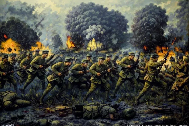 (masterpiece:1.3), (best quality:1.3), photo of war, <lyco:kangri:0.8>, mortar, bazooka, trench war, tanks, jungle, soldiers, platoons, gernades, explosions, fire, smoke, blood, (intricate details), unity 8k wallpaper, ultra detailed, beautiful, aesthetic, perfect lighting, <lora:add_detail:0.5>