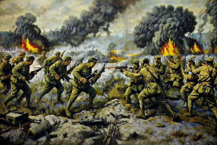 masterpiece, best quality , war, <lyco:kangri:0.8>, mortar, bazooka, trench war, tanks, jungle, soldiers, platoons, gernades, explosions, fire, smoke, blood
