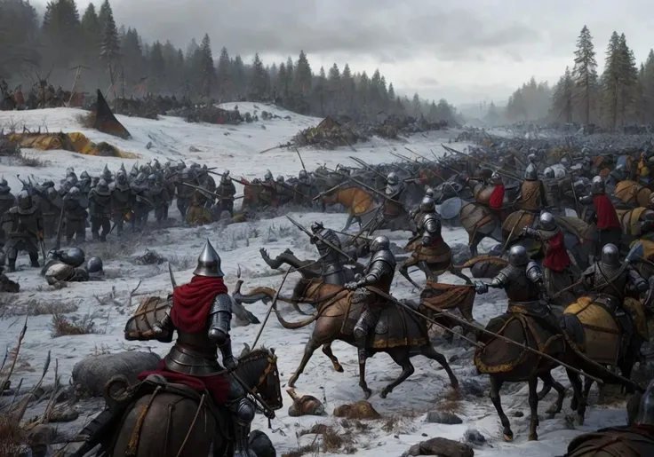 Image of a group of men in armor standing in the snow of Araved, background of invading army, Slavic orcs in the steppe, invading army background, author：por Artur Tarnowski, huge armies, author：Tadeusz Pruszkówski, author：Roman Bezpalkiv, tuomas korpi and wlop, Rozarsky