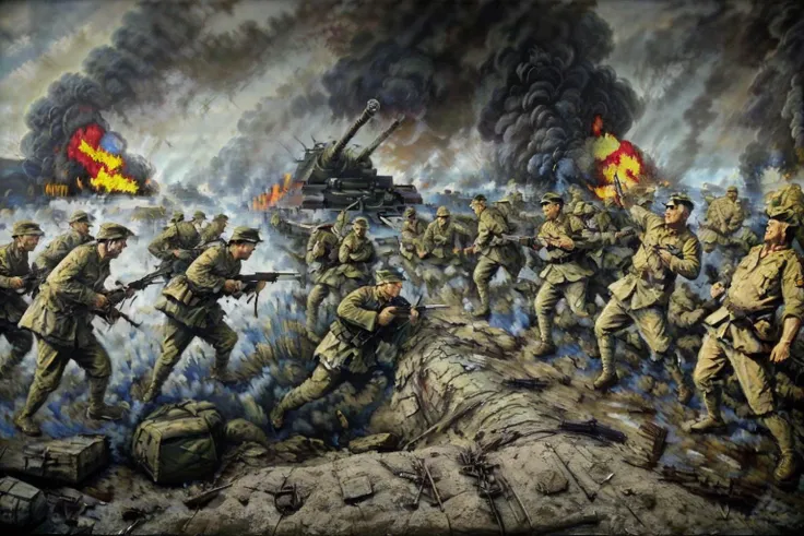masterpiece, best quality , war, <lyco:kangri:0.8>, mortar, bazooka, trench war, tanks, jungle, soldiers, platoons, gernades, explosions, fire, smoke, blood