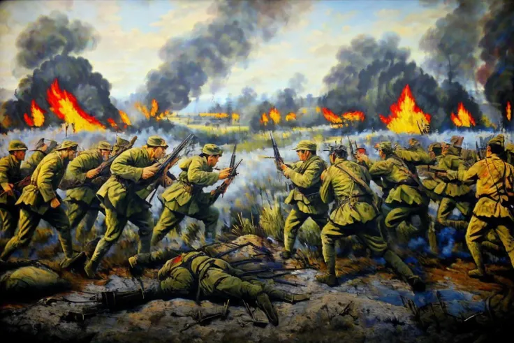 masterpiece, best quality , war, <lyco:kangri:0.8>, mortar, bazooka, trench war, tanks, jungle, soldiers, platoons, gernades, explosions, fire, smoke, blood