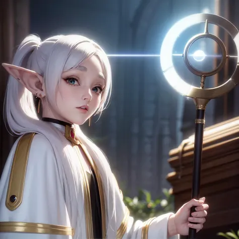 masterpiece,best quality,1girl,solo,elf,green eyes,jewelry earrings,parted bangs,white hair,
short_thick_eyebrows,
cowboy shot,upper body,looking at viewer,closed mouth,white capelet,white long sleeves,white robe,white skirt,black pantyhose,holding staff in hands,night,night sky,