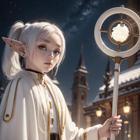 masterpiece,best quality,1girl,solo,elf,green eyes,jewelry earrings,parted bangs,white hair,
short_thick_eyebrows,
cowboy shot,upper body,looking at viewer,closed mouth,white capelet,white long sleeves,white robe,white skirt,black pantyhose,holding staff in hands,night,night sky,