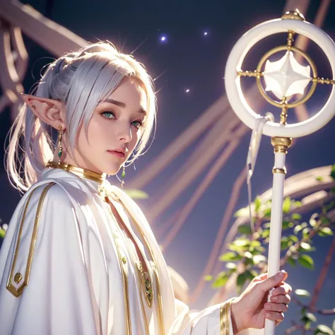 masterpiece,best quality,1girl,solo,elf,green eyes,jewelry earrings,parted bangs,white hair,
short_thick_eyebrows,
cowboy shot,upper body,looking at viewer,closed mouth,white capelet,white long sleeves,white robe,white skirt,black pantyhose,holding staff in hands,night,night sky,