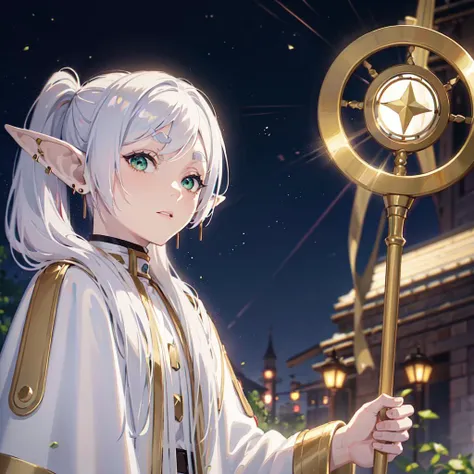 masterpiece,best quality,1girl,solo,elf,green eyes,jewelry earrings,parted bangs,white hair,
short_thick_eyebrows,
cowboy shot,upper body,looking at viewer,closed mouth,white capelet,white long sleeves,white robe,white skirt,black pantyhose,holding staff in hands,night,night sky,