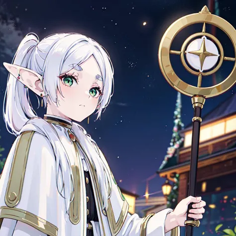 masterpiece,best quality,1girl,solo,elf,green eyes,jewelry earrings,parted bangs,white hair,
short_thick_eyebrows,
cowboy shot,upper body,looking at viewer,closed mouth,white capelet,white long sleeves,white robe,white skirt,black pantyhose,holding staff in hands,night,night sky,