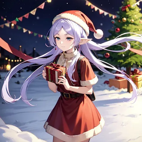 frieren frieren ssa,1girl,solo,<lora:TEST-000005:lbw=OUTALL>,upper body,christmas dresses,santa_hat,christmas_tree,merry christmas !,snow,holding a sack of gifts in his hand,