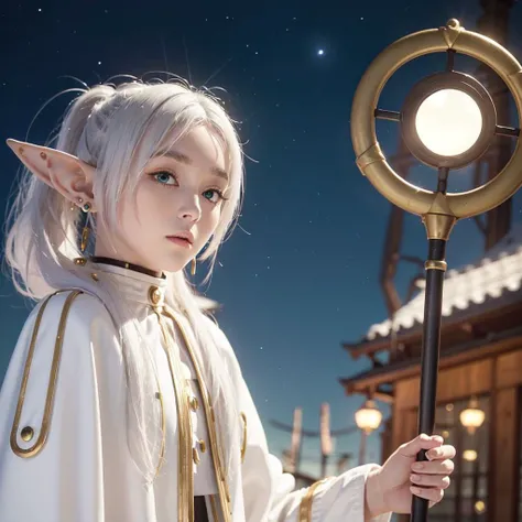 masterpiece,best quality,1girl,solo,elf,green eyes,jewelry earrings,parted bangs,white hair,
short_thick_eyebrows,
cowboy shot,upper body,looking at viewer,closed mouth,white capelet,white long sleeves,white robe,white skirt,black pantyhose,holding staff in hands,night,night sky,