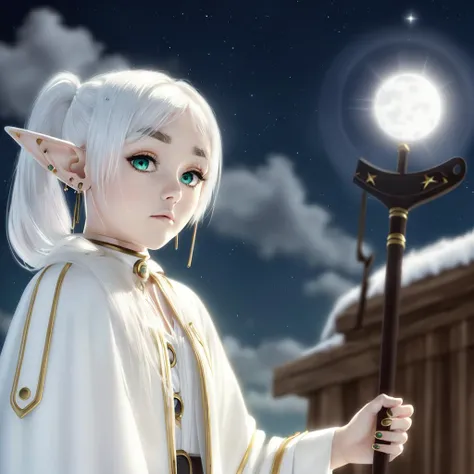 masterpiece,best quality,1girl,solo,elf,green eyes,jewelry earrings,parted bangs,white hair,
short_thick_eyebrows,
cowboy shot,upper body,looking at viewer,closed mouth,white capelet,white long sleeves,white robe,white skirt,black pantyhose,holding staff in hands,night,night sky,