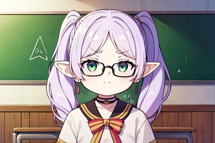 solo,1girl,<lora:test-000005:1:lbw=ALL>,school,inside the classroom,indoor,blackboard,podium,desk,hold the chalk,tiki costume,thin-rimmed glasses,disgust,disdain,contempt,shaded_face,jitome,frown,furrowed_brow,