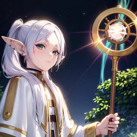 masterpiece,best quality,1girl,solo,elf,green eyes,jewelry earrings,parted bangs,white hair,
short_thick_eyebrows,
cowboy shot,upper body,looking at viewer,closed mouth,white capelet,white long sleeves,white robe,white skirt,black pantyhose,holding staff in hands,night,night sky,