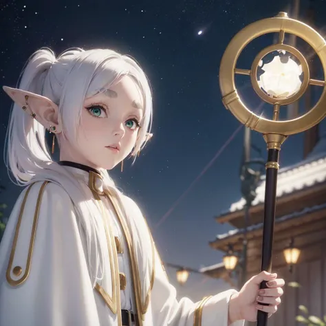 masterpiece,best quality,1girl,solo,elf,green eyes,jewelry earrings,parted bangs,white hair,
short_thick_eyebrows,
cowboy shot,upper body,looking at viewer,closed mouth,white capelet,white long sleeves,white robe,white skirt,black pantyhose,holding staff in hands,night,night sky,