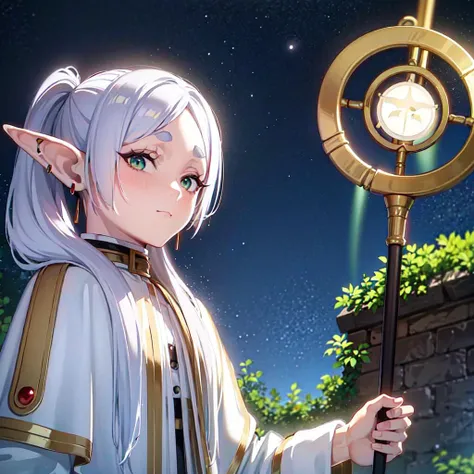 masterpiece,best quality,1girl,solo,elf,green eyes,jewelry earrings,parted bangs,white hair,
short_thick_eyebrows,
cowboy shot,upper body,looking at viewer,closed mouth,white capelet,white long sleeves,white robe,white skirt,black pantyhose,holding staff in hands,night,night sky,