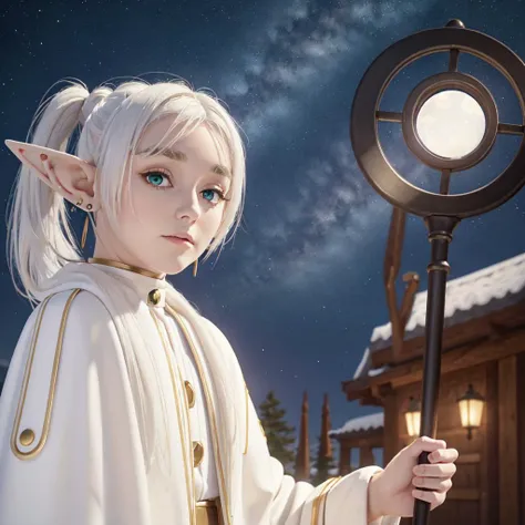 masterpiece,best quality,1girl,solo,elf,green eyes,jewelry earrings,parted bangs,white hair,
short_thick_eyebrows,
cowboy shot,upper body,looking at viewer,closed mouth,white capelet,white long sleeves,white robe,white skirt,black pantyhose,holding staff in hands,night,night sky,
