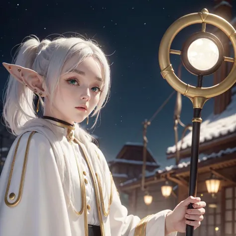 masterpiece,best quality,1girl,solo,elf,green eyes,jewelry earrings,parted bangs,white hair,
short_thick_eyebrows,
cowboy shot,upper body,looking at viewer,closed mouth,white capelet,white long sleeves,white robe,white skirt,black pantyhose,holding staff in hands,night,night sky,