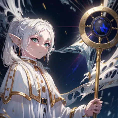 masterpiece,best quality,1girl,solo,elf,green eyes,jewelry earrings,parted bangs,white hair,
short_thick_eyebrows,
cowboy shot,upper body,looking at viewer,closed mouth,white capelet,white long sleeves,white robe,white skirt,black pantyhose,holding staff in hands,night,night sky,