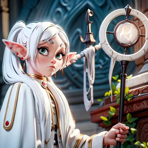 masterpiece,best quality,1girl,solo,elf,green eyes,jewelry earrings,parted bangs,white hair,
short_thick_eyebrows,
cowboy shot,upper body,looking at viewer,closed mouth,white capelet,white long sleeves,white robe,white skirt,black pantyhose,holding staff in hands,night,night sky,