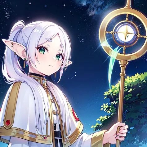 masterpiece,best quality,1girl,solo,elf,green eyes,jewelry earrings,parted bangs,white hair,
short_thick_eyebrows,
cowboy shot,upper body,looking at viewer,closed mouth,white capelet,white long sleeves,white robe,white skirt,black pantyhose,holding staff in hands,night,night sky,