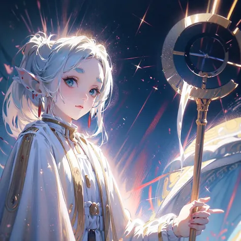 masterpiece,best quality,1girl,solo,elf,green eyes,jewelry earrings,parted bangs,white hair,
short_thick_eyebrows,
cowboy shot,upper body,looking at viewer,closed mouth,white capelet,white long sleeves,white robe,white skirt,black pantyhose,holding staff in hands,night,night sky,