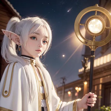 masterpiece,best quality,1girl,solo,elf,green eyes,jewelry earrings,parted bangs,white hair,
short_thick_eyebrows,
cowboy shot,upper body,looking at viewer,closed mouth,white capelet,white long sleeves,white robe,white skirt,black pantyhose,holding staff in hands,night,night sky,
