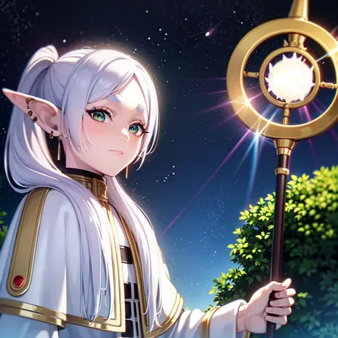 masterpiece,best quality,1girl,solo,elf,green eyes,jewelry earrings,parted bangs,white hair,
short_thick_eyebrows,
cowboy shot,upper body,looking at viewer,closed mouth,white capelet,white long sleeves,white robe,white skirt,black pantyhose,holding staff in hands,night,night sky,