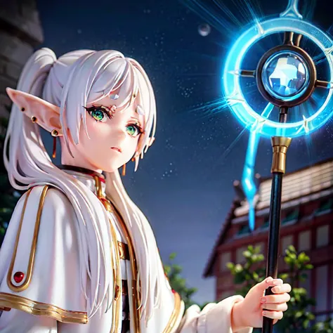 masterpiece,best quality,1girl,solo,elf,green eyes,jewelry earrings,parted bangs,white hair,
short_thick_eyebrows,
cowboy shot,upper body,looking at viewer,closed mouth,white capelet,white long sleeves,white robe,white skirt,black pantyhose,holding staff in hands,night,night sky,