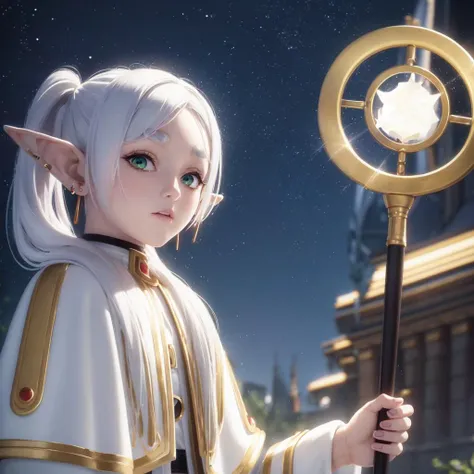 masterpiece,best quality,1girl,solo,elf,green eyes,jewelry earrings,parted bangs,white hair,
short_thick_eyebrows,
cowboy shot,upper body,looking at viewer,closed mouth,white capelet,white long sleeves,white robe,white skirt,black pantyhose,holding staff in hands,night,night sky,